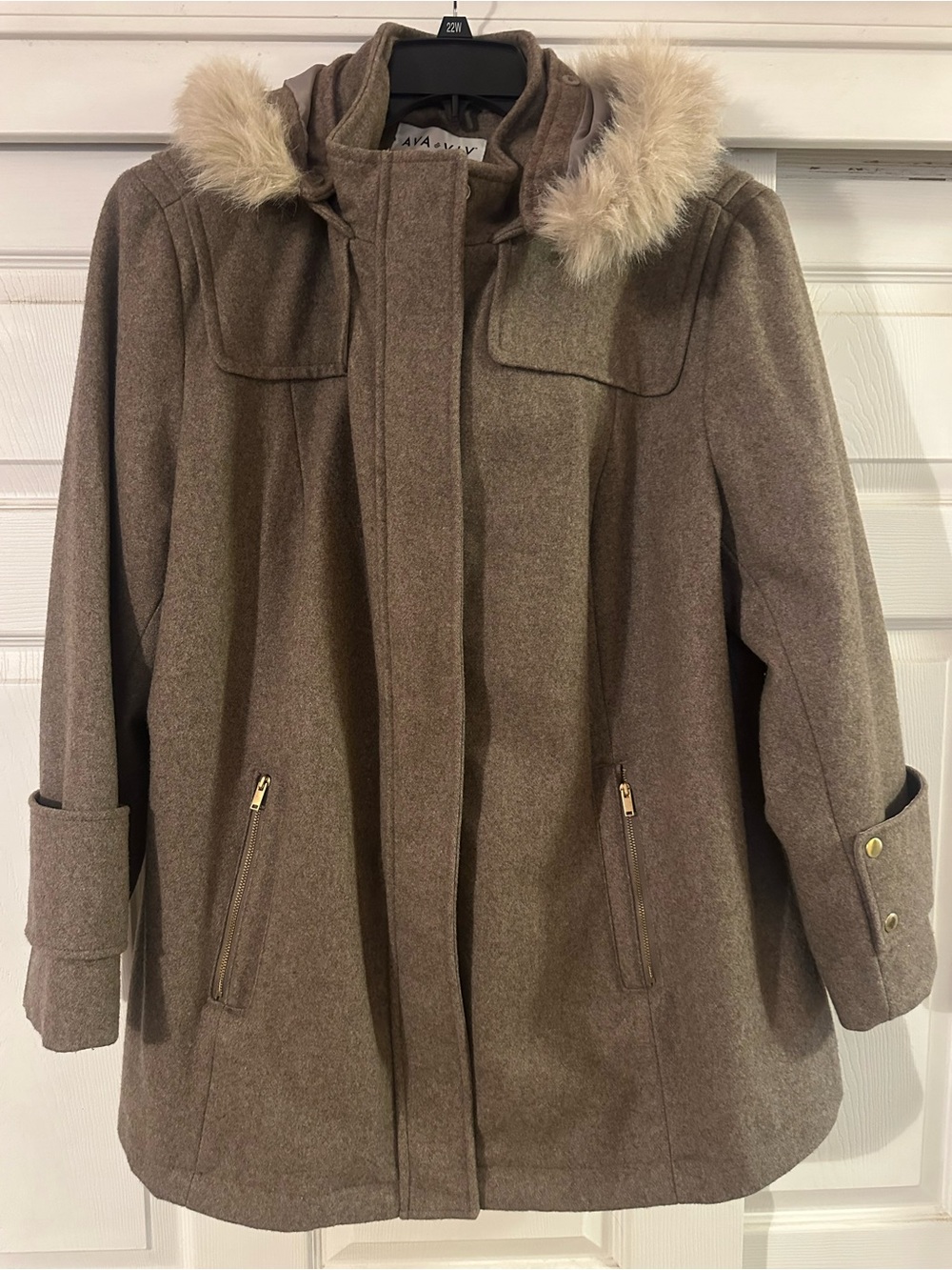 Ava & Viv Taupe Hooded Wool-Blend Pea Coat with Faux-Fur Trim